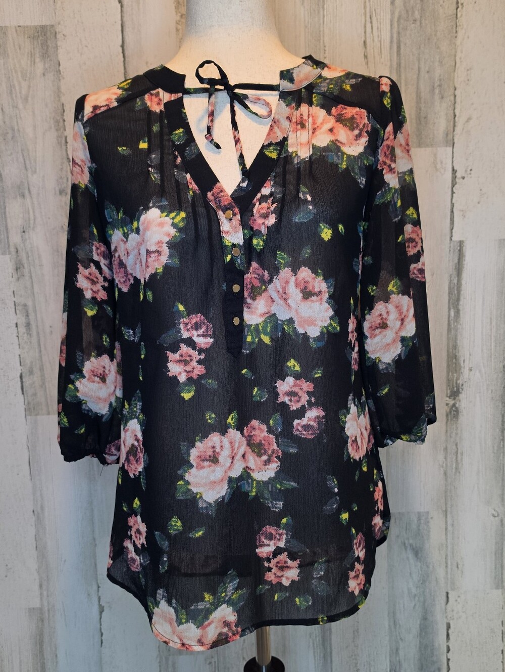 Princess Vera Wang Women M Peasant Top Boho Puff Sleeve Tie Neck Pintuck Sheer